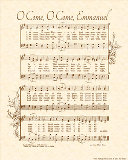 O Come O Come Emmanuel - Christian Heritage Hymn, Sheet Music, Vintage Style, Natural Parchment, Sepia Brown Ink, 8x10 art print ready to frame, Vintage Verses