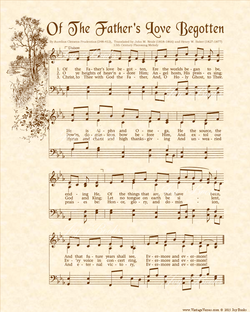 Of The Father's Love Begotten - Christian Heritage Hymn, Sheet Music, Vintage Style, Natural Parchment, Sepia Brown Ink, 8x10 art print ready to frame, Vintage Verses