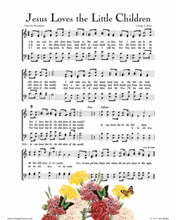 Jesus Love The Little Children - Christian Heritage Hymn, Sheet Music, Vintage Style, White Linen, Full Color Ink, With Blooming Pink Yellow Lavender Carnations and Butterflies, 8x10 art print ready to frame, Vintage Verses
