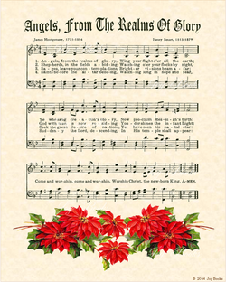 Angels From The Realms Of Glory - Christian Heritage Hymn, Sheet Music, Vintage Style, Natural Parchment, Christmas Evergreen Ink, Red Poinsettias, 8x10 art print ready to frame, Vintage Verses