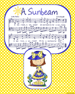 A Sunbeam - Christian Heritage Hymn, Sheet Music, Whimsical Style, Yellow and Blue Polka Dot Background With Cartoon Girl in Bonnet and Bows, Dark Blue Ink, 8x10 art print ready to frame, Vintage Verses, Vacation Bible School Art, Sunday School Art