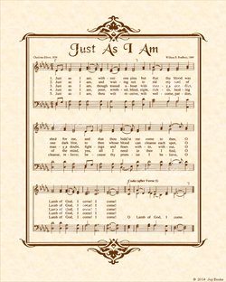 Just As I Am - Christian Heritage Hymn, Sheet Music, Vintage Style, Natural Parchment, Sepia Brown Ink, 8x10 art print ready to frame, Vintage Verses