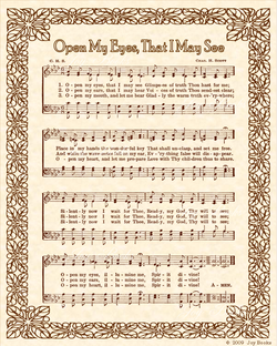 Open My Eyes, That I May See - Christian Heritage Hymn, Sheet Music, Vintage Style, Natural Parchment, Sepia Brown Ink, 8x10 art print ready to frame, Vintage Verses