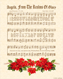 Angels From The Realms Of Glory - Christian Heritage Hymn, Sheet Music, Vintage Style, Natural Parchment, Sepia Brown Ink, Red Poinsettias 8x10 art print ready to frame, Vintage Verses