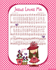 Jesus Loves Me - Christian Heritage Hymn, Sheet Music, Whimsical Style, Pink Polka Dot Background With Cartoon Girl in Bonnet and Bows, Burgundy Ink, 8x10 art print ready to frame, Vintage Verses, Vacation Bible School Art, Sunday School Art