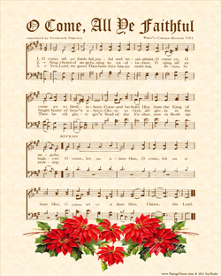 O Come All Ye Faithful - Christian Heritage Hymn, Sheet Music, Vintage Style, Natural Parchment,  Sepia Brown Ink, Red Poinsettias, 8x10 art print ready to frame, Vintage Verses