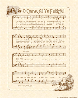 O Come All Ye Faithful - Christian Heritage Hymn, Sheet Music, Vintage Style, Natural Parchment, Sepia Brown Ink, 8x10 art print ready to frame, Vintage Verses