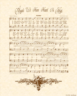 Angels We Have Heard On High - Christian Heritage Hymn, Sheet Music, Vintage Style, Natural Parchment, Sepia Brown Ink, 8x10 art print ready to frame, Vintage Verses
