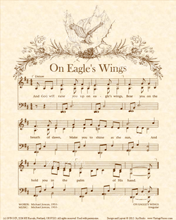 On Eagle's Wings - Christian Heritage Hymn, Sheet Music, Vintage Style, Natural Parchment, Sepia Brown Ink, 8x10 art print ready to frame, Vintage Verses