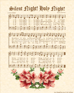 Silent Night Holy Night - Christian Heritage Hymn, Sheet Music, Vintage Style, Natural Parchment, Christmas Evergreen Ink, Pink Azalea Flowers, 8x10 art print ready to frame, Vintage Verses