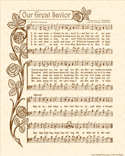 Our Great Savior - Christian Heritage Hymn, Sheet Music, Vintage Style, Natural Parchment, Sepia Brown Ink, 8x10 art print ready to frame, Vintage Verses