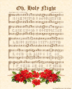 O Holy Night - Christian Heritage Hymn, Sheet Music, Vintage Style, Natural Parchment, Sepia Brown Ink, Red Poinsettias, 8x10 art print ready to frame, Vintage Verses