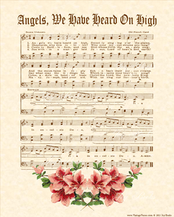 Angels We Have Heard On High - Christian Heritage Hymn, Sheet Music, Vintage Style, Natural Parchment, Sepia Brown Ink, Pink Azaleas, 8x10 art print ready to frame, Vintage Verses
