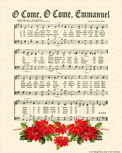 O Come O Come Emmanuel - Christian Heritage Hymn, Sheet Music, Vintage Style, Natural Parchment, Christmas Evergreen Ink, Red Poinsettias, 8x10 art print ready to frame, Vintage Verses