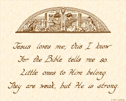 Jesus Loves Me - Hand Written Calligraphy Lyrics To A Christian Heritage Hymn, Vintage Style, Natural Parchment, Sepia Brown Ink, 8x10 art print ready to frame, Vintage Verses