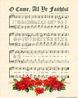 O Come All Ye Faithful - Christian Heritage Hymn, Sheet Music, Vintage Style, Natural Parchment, Christmas Evergreen Ink, Red Poinsettias, 8x10 art print ready to frame, Vintage Verses
