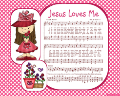Jesus Loves Me - Christian Heritage Hymn, Sheet Music, Whimsical Style, Pink Polka Dot Background With Cartoon Girl in Bonnet and Bows, Burgundy Ink, 8x10 art print ready to frame, Vintage Verses, Vacation Bible School Art, Sunday School Art