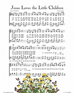 Jesus Love The Little Children - Christian Heritage Hymn, Sheet Music, Vintage Style, White Linen, Full Color Ink, With Irises Pansies and Butterflies, 8x10 art print ready to frame, Vintage Verses