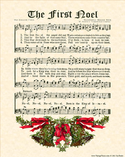 The First Noel - Christian Heritage Hymn, Sheet Music, Vintage Style, Natural Parchment, Christmas Evergreen Ink, Mistletoe Bells Red And Green, 8x10 art print ready to frame, Vintage Verses