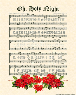 O Holy Night - Christian Heritage Hymn, Sheet Music, Vintage Style, Natural Parchment, Christmas Evergreen Ink, Red Poinsettias, 8x10 art print ready to frame, Vintage Verses