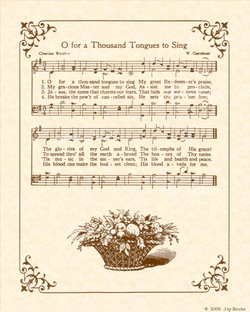 O For A Thousand Tongues To Sing - Christian Heritage Hymn, Sheet Music, Vintage Style, Natural Parchment, Sepia Brown Ink, 8x10 art print ready to frame, Vintage Verses