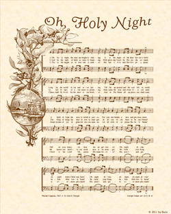 O Holy Night - Christian Heritage Hymn, Sheet Music, Vintage Style, Natural Parchment, Sepia Brown Ink, 8x10 art print ready to frame, Vintage Verses
