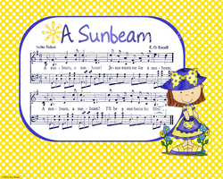 A Sunbeam - Christian Heritage Hymn, Sheet Music, Whimsical Style, Yellow and Blue Polka Dot Background With Cartoon Girl in Bonnet and Bows, Dark Blue Ink, 8x10 art print ready to frame, Vintage Verses, Vacation Bible School Art, Sunday School Art