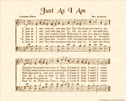 Just As I Am - Christian Heritage Hymn, Sheet Music, Vintage Style, Natural Parchment, Sepia Brown Ink, 8x10 art print ready to frame, Vintage Verses