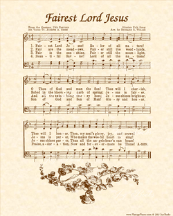 Fairest Lord Jesus - Christian Heritage Hymn, Sheet Music, Vintage Style, Natural Parchment, Sepia Brown Ink, 8x10 art print ready to frame, Vintage Verses