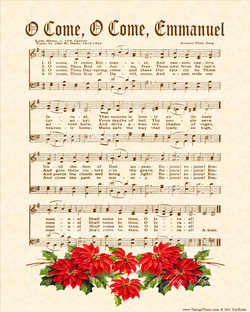 O Come O Come Emmanuel - Christian Heritage Hymn, Sheet Music, Vintage Style, Natural Parchment, Sepia Brown Ink, Red Poinsettias, 8x10 art print ready to frame, Vintage Verses