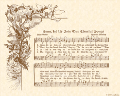 Come Let Us Join Our Cheerful Songs - Christian Heritage Hymn, Sheet Music, Vintage Style, Natural Parchment, Sepia Brown Ink, 8x10 art print ready to frame, Vintage Verses