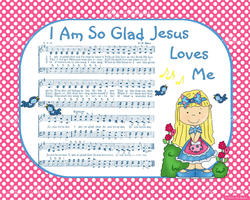 I Am So Glad That Jesus Loves Me - Christian Heritage Hymn, Sheet Music, Whimsical Style, Pink and White Polka Dot Background With Cartoon Birds and Girl in Bonnet and Bows, Robins Egg Blue Ink, 8x10 art print ready to frame, Vintage Verses, Vacation Bible School Art, Sunday School Art