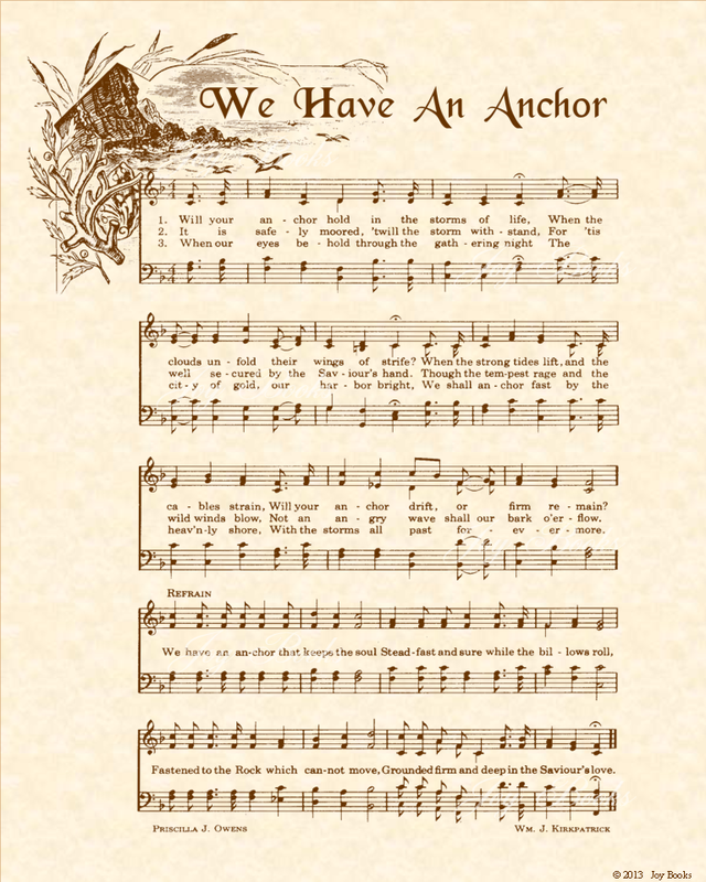 We Have An Anchor - Christian Heritage Hymn, Sheet Music, Vintage Style, Natural Parchment, Sepia Brown Ink, 8x10 art print ready to frame, Vintage Verses