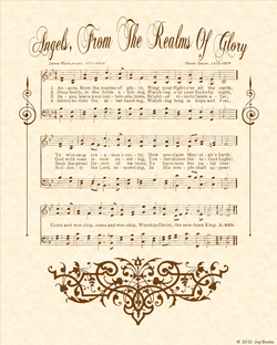 Angels From The Realms Of Glory - Christian Heritage Hymn, Sheet Music, Vintage Style, Natural Parchment, Sepia Brown Ink, 8x10 art print ready to frame, Vintage Verses