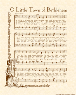 O Little Town Of Bethlehem - Christian Heritage Hymn, Sheet Music, Vintage Style, Natural Parchment, Sepia Brown Ink, 8x10 art print ready to frame, Vintage Verses