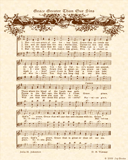 Grace Greater Than Our Sins - Christian Heritage Hymn, Sheet Music, Vintage Style, Natural Parchment, Sepia Brown Ink, 8x10 art print ready to frame, Vintage Verses