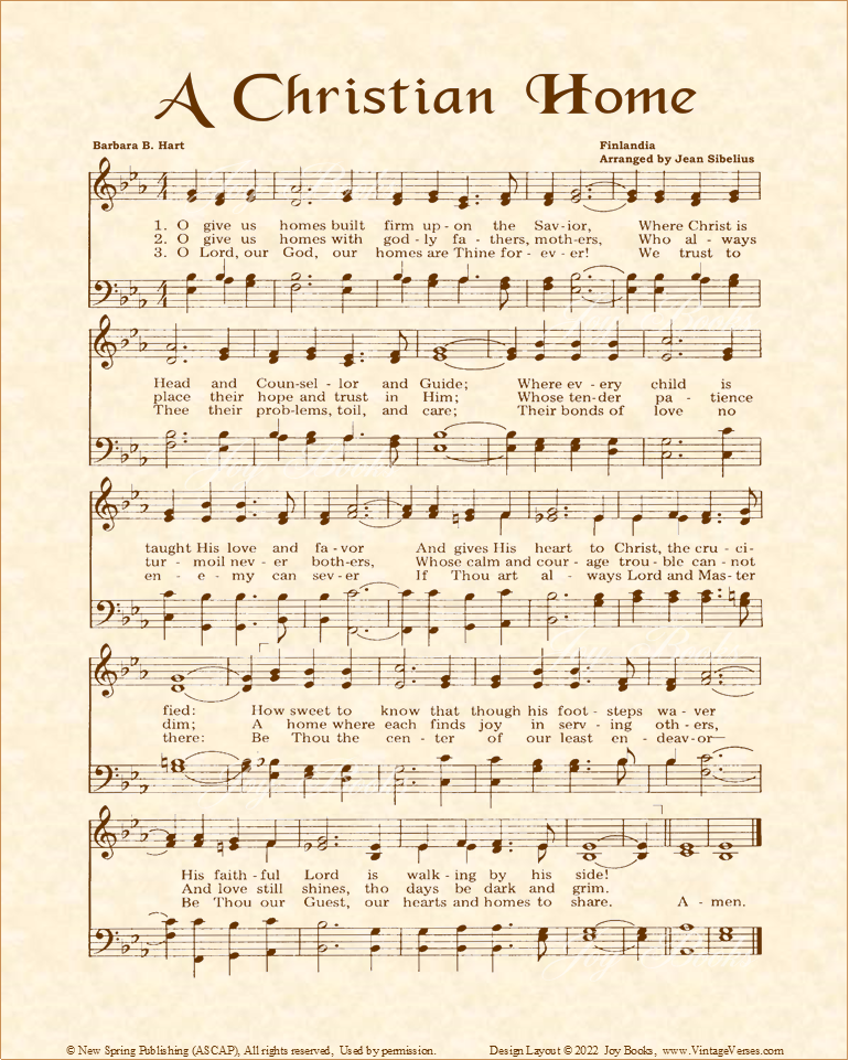 A Christian Home - Christian Heritage Hymn, Sheet Music, Vintage Style, Natural Parchment, Sepia Brown Ink, 8x10 art print ready to frame, Vintage Verses