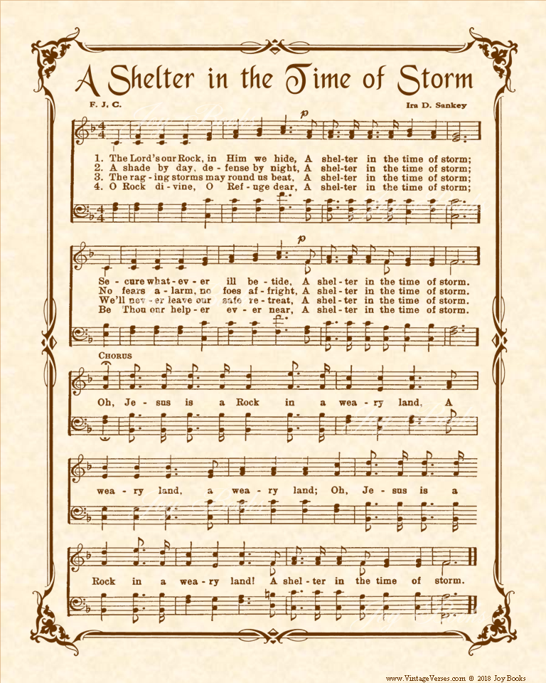A Shelter In The Time Of Storm - Christian Heritage Hymn, Sheet Music, Vintage Style, Natural Parchment, Sepia Brown Ink, 8x10 art print ready to frame, Vintage Verses