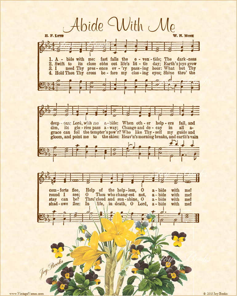 Abide With Me - Christian Heritage Hymn, Sheet Music, Vintage Style, Natural Parchment, Dark Charcoal Ink, Yellow Flowers, 8x10 art print ready to frame, Vintage Verses