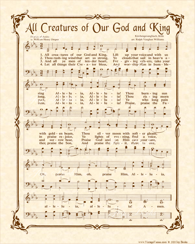 All Creatures Of Our God And King - Christian Heritage Hymn, Sheet Music, Vintage Style, Natural Parchment, Sepia Brown Ink, 8x10 art print ready to frame, Vintage Verses