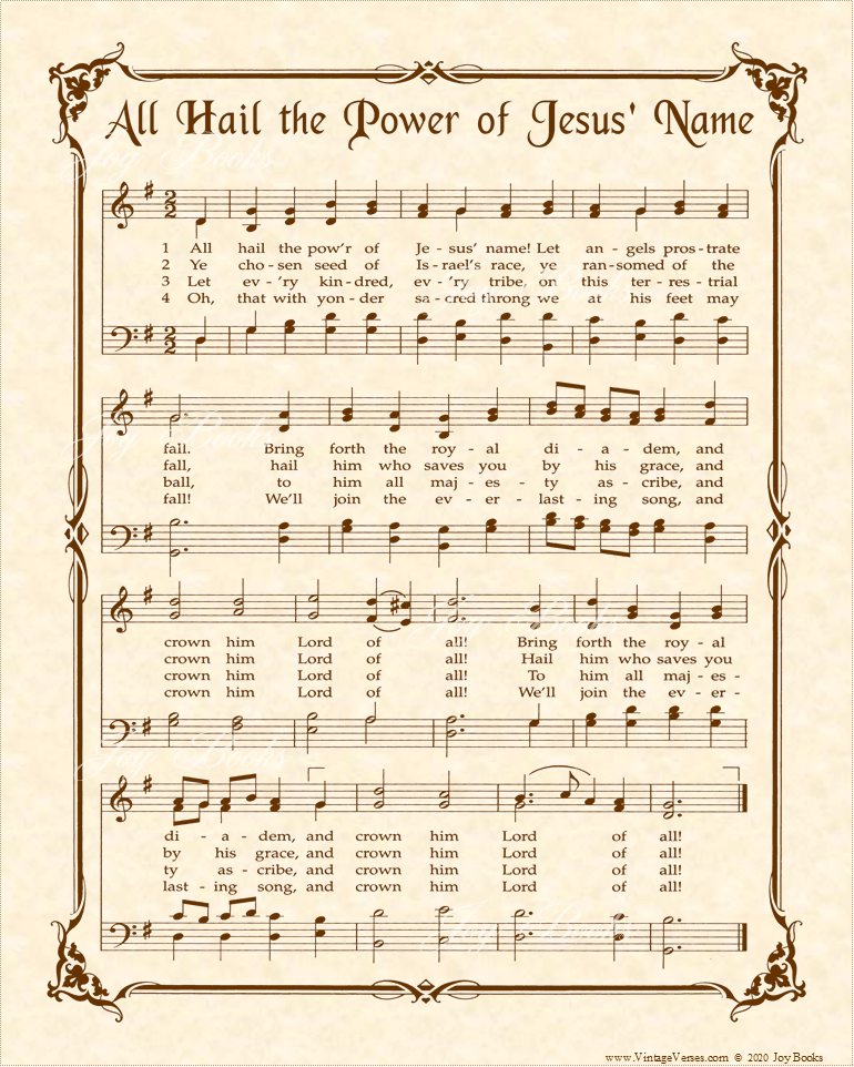 All Hail The Power Of Jesus Name - Christian Heritage Hymn, Sheet Music, Vintage Style, Natural Parchment, Sepia Brown Ink, 8x10 art print ready to frame, Vintage Verses