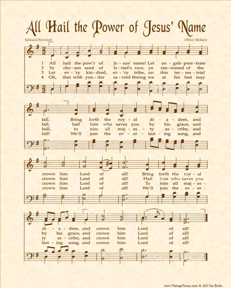 All Hail The Power Of Jesus Name - Christian Heritage Hymn, Sheet Music, Vintage Style, Natural Parchment, Sepia Brown Ink, 8x10 art print ready to frame, Vintage Verses