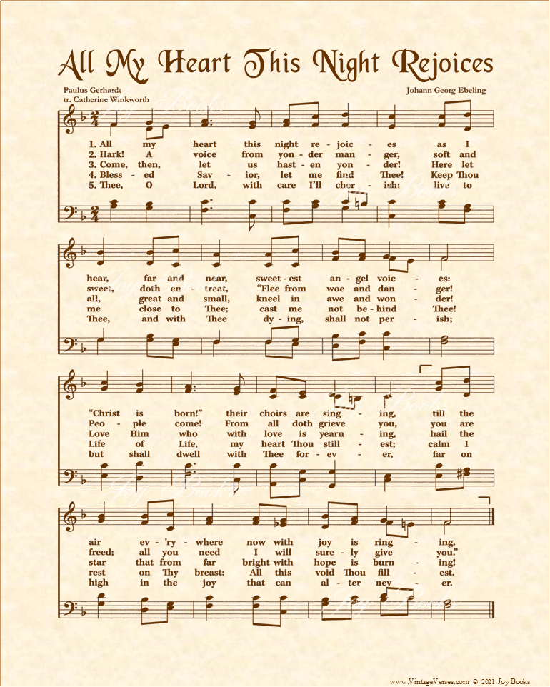All My Heart This Night Rejoices - Christian Heritage Hymn, Sheet Music, Vintage Style, Natural Parchment, Sepia Brown Ink, 8x10 art print ready to frame, Vintage Versesure