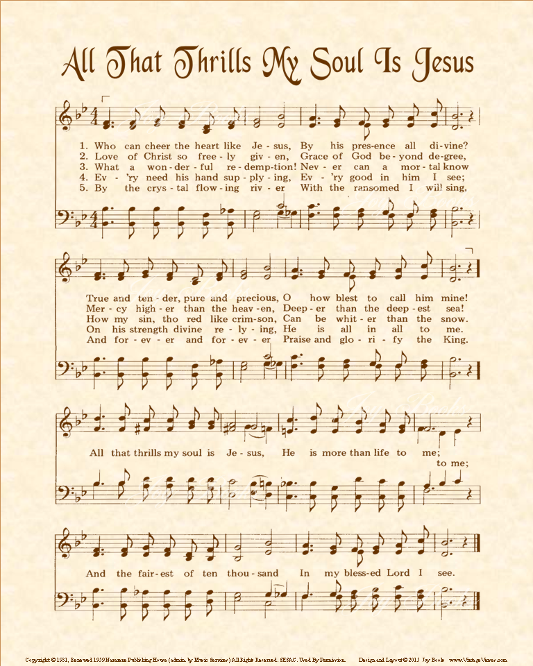 All That Thrills My Soul Is Jesus - Christian Heritage Hymn, Sheet Music, Vintage Style, Natural Parchment, Sepia Brown Ink, 8x10 art print ready to frame, Vintage Verses