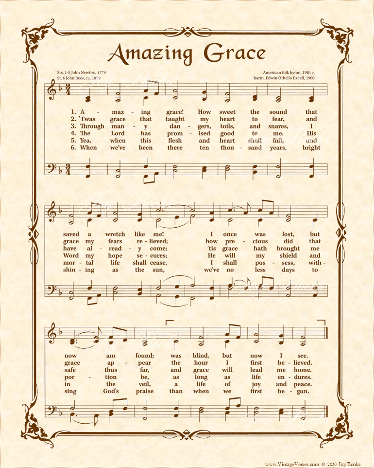 Amazing Grace - Christian Heritage Hymn, Sheet Music, Vintage Style, Natural Parchment, Sepia Brown Ink, 8x10 art print ready to frame, Vintage Verses