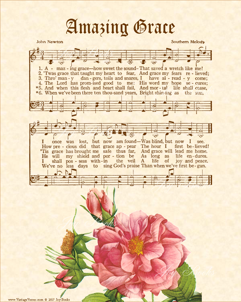 Amazing Grace - Christian Heritage Hymn, Sheet Music, Vintage Style, Natural Parchment, Sepia Brown Ink, Pink Rose, 8x10 art print ready to frame, Vintage Verses