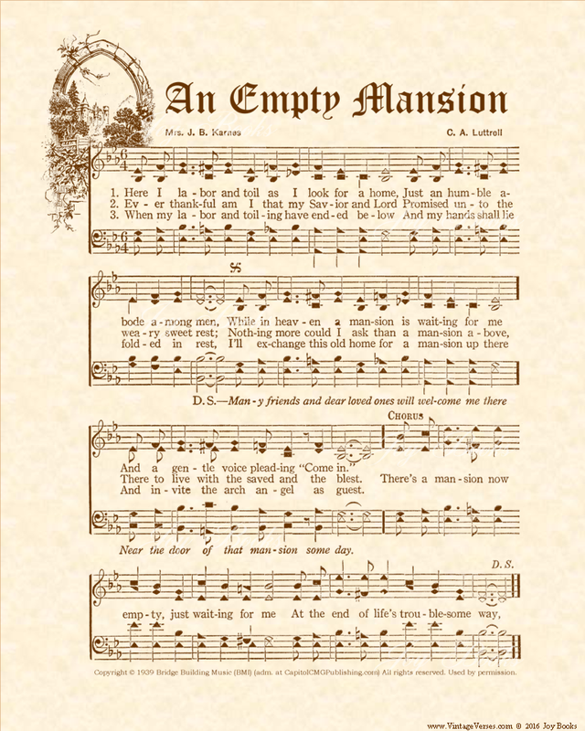 An Empty Mansion - Christian Heritage Hymn, Sheet Music, Vintage Style, Natural Parchment, Sepia Brown Ink, 8x10 art print ready to frame, Vintage Verses