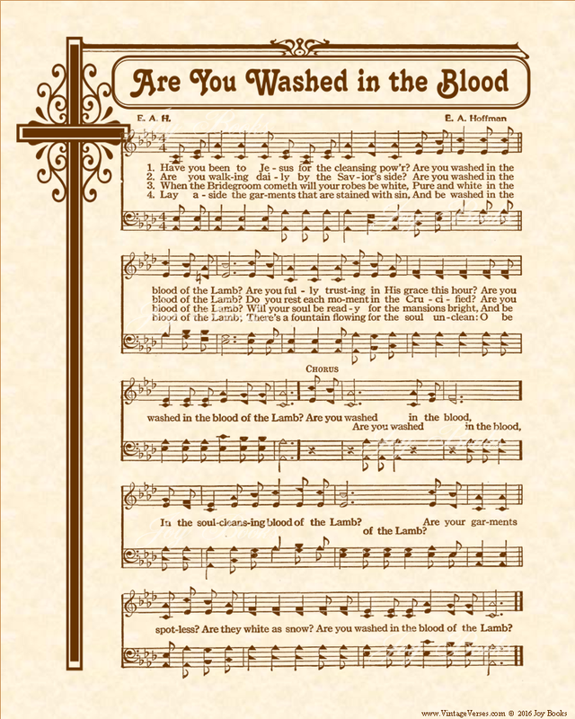 Are You Washed In The Blood - Christian Heritage Hymn, Sheet Music, Vintage Style, Natural Parchment, Sepia Brown Ink, 8x10 art print ready to frame, Vintage Verses