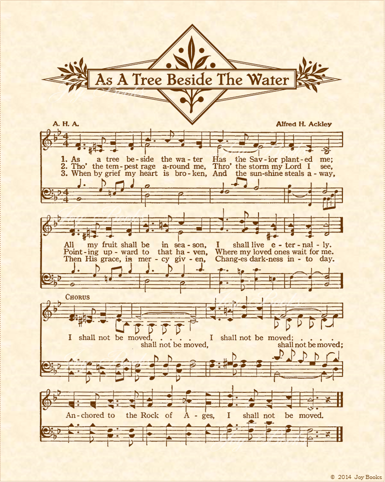 As A Tree Beside The Water - Christian Heritage Hymn, Sheet Music, Vintage Style, Natural Parchment, Sepia Brown Ink, 8x10 art print ready to frame, Vintage Verses