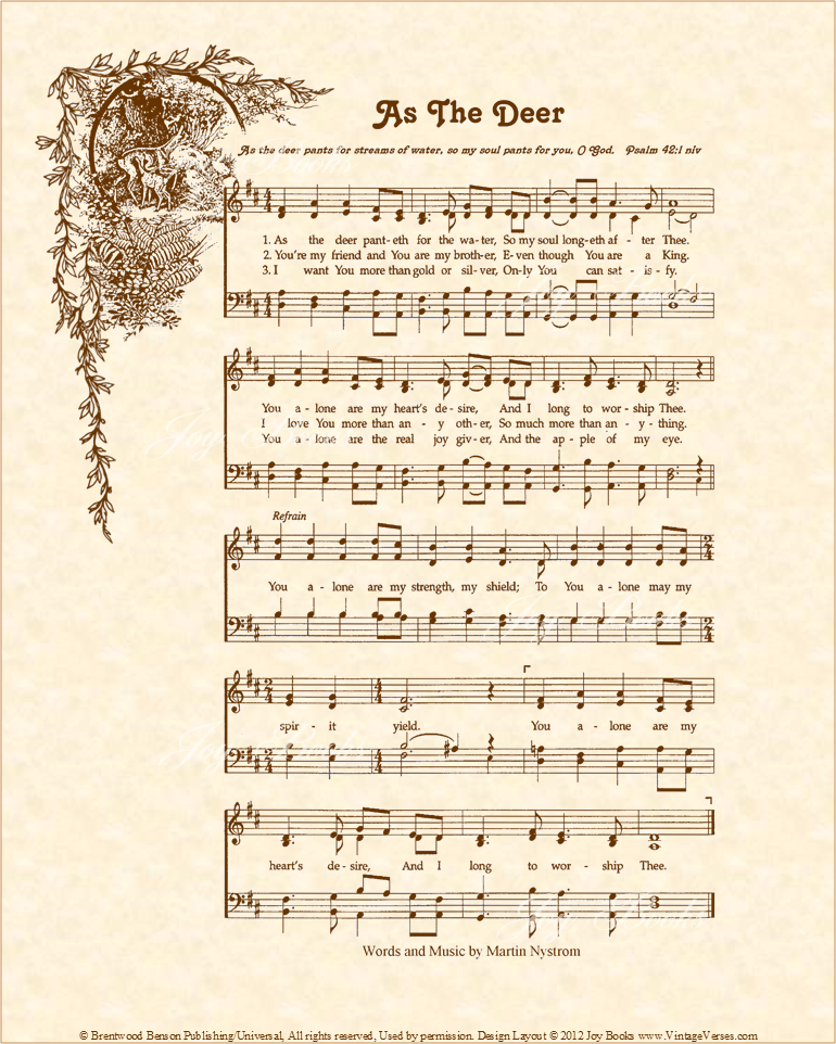 As The Deer - Christian Heritage Hymn, Sheet Music, Vintage Style, Natural Parchment, Sepia Brown Ink, 8x10 art print ready to frame, Vintage Verses